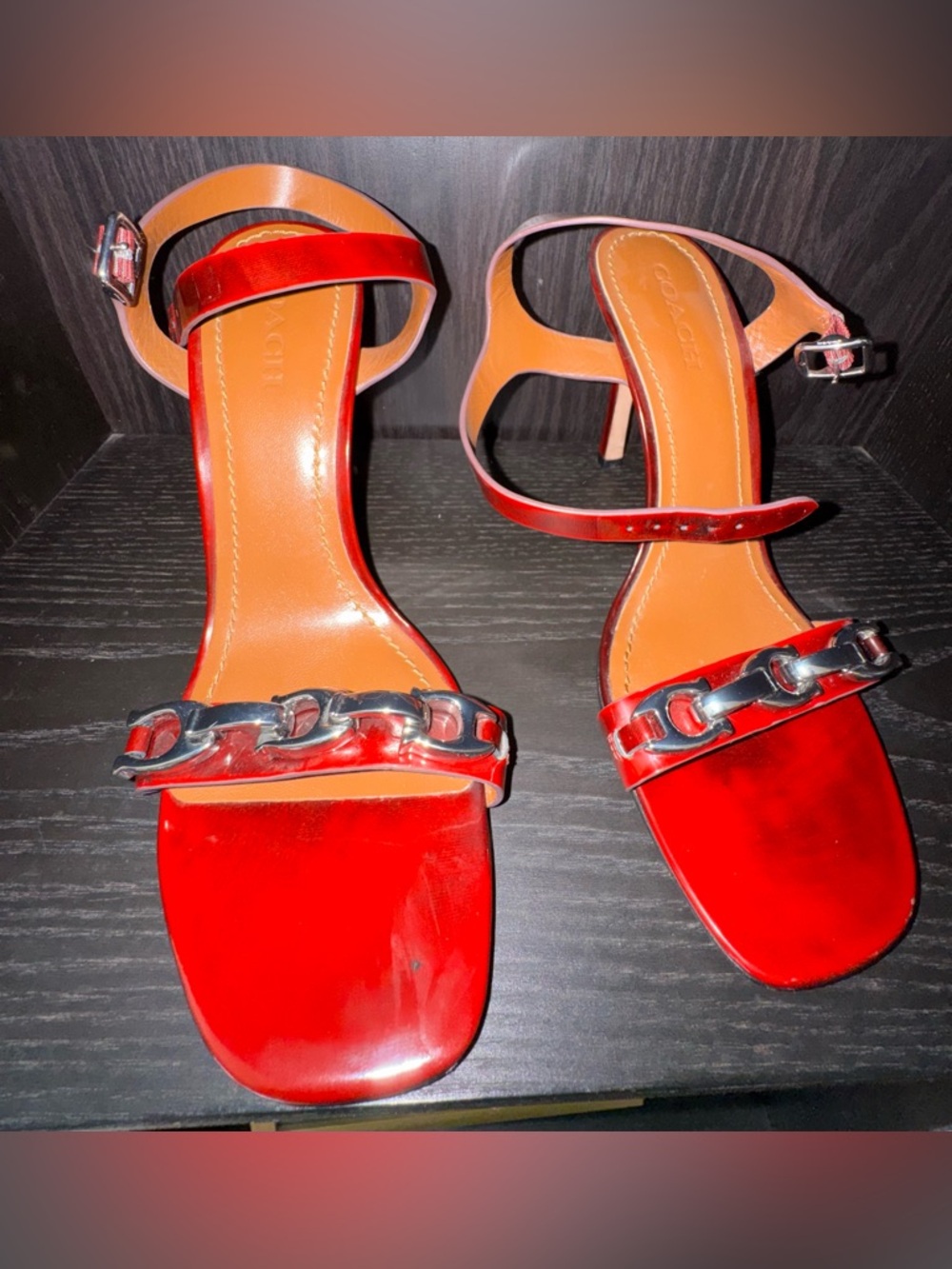 Coach Red Leather Chain-Accent Heeled Sandals